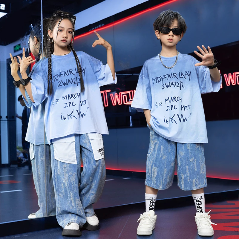 Hip Hop Boys Cool Shirt Denim Vest Ripped Shorts Girls Streetwear Street Dance Cargo Jeans Child Clothes Sets Kids Stage Costume