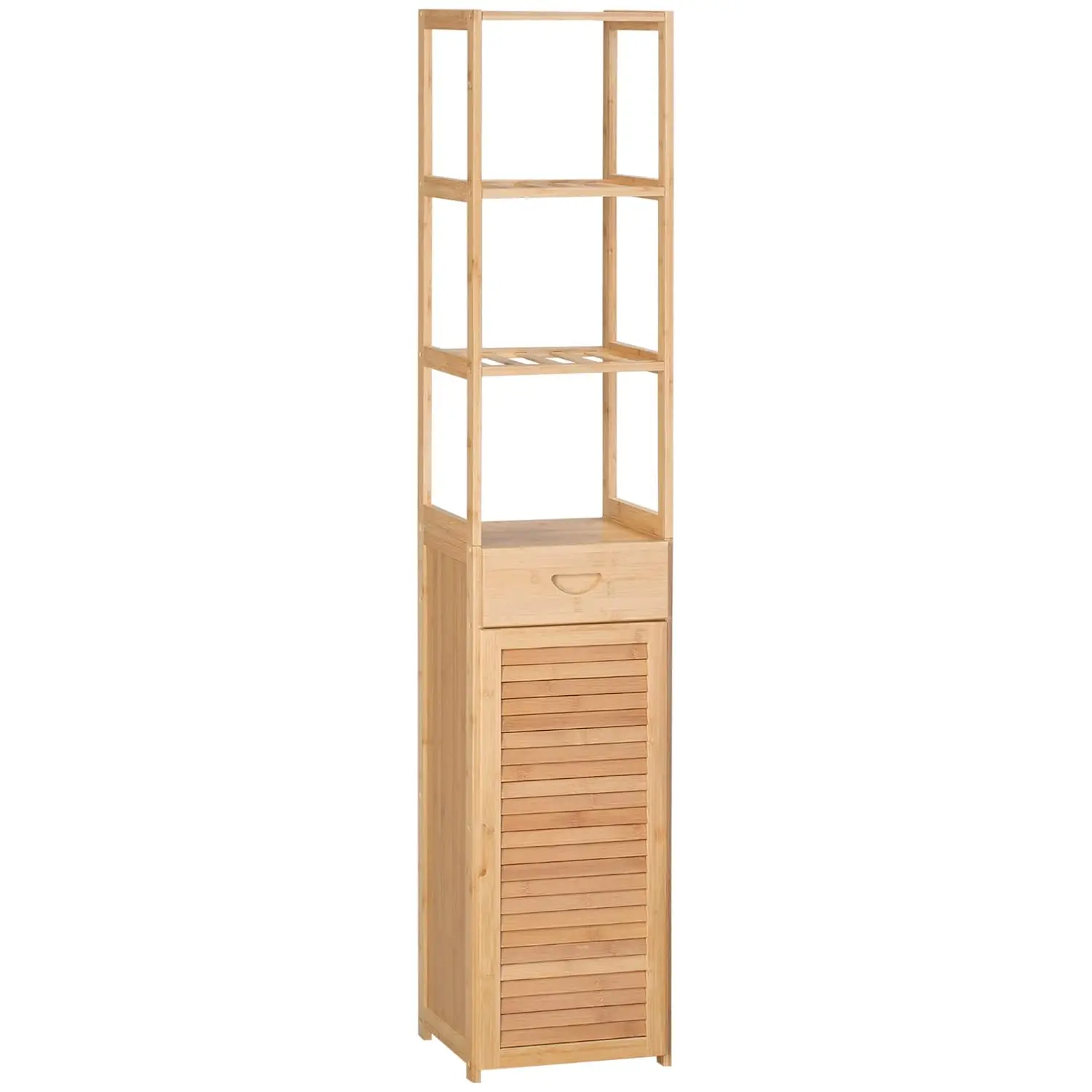 

Tall Bathroom Cabinet with Drawer and Slatted Shelves, Slim Bamboo Linen Tower with Louvered Door, Natural, Customized