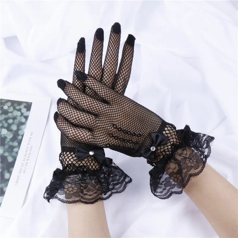 White Black Party Dress Bridal Gloves Lace Finger Short Fishnet Wedding Gloves Wrist Length Bride Accessories Gants De Mariee