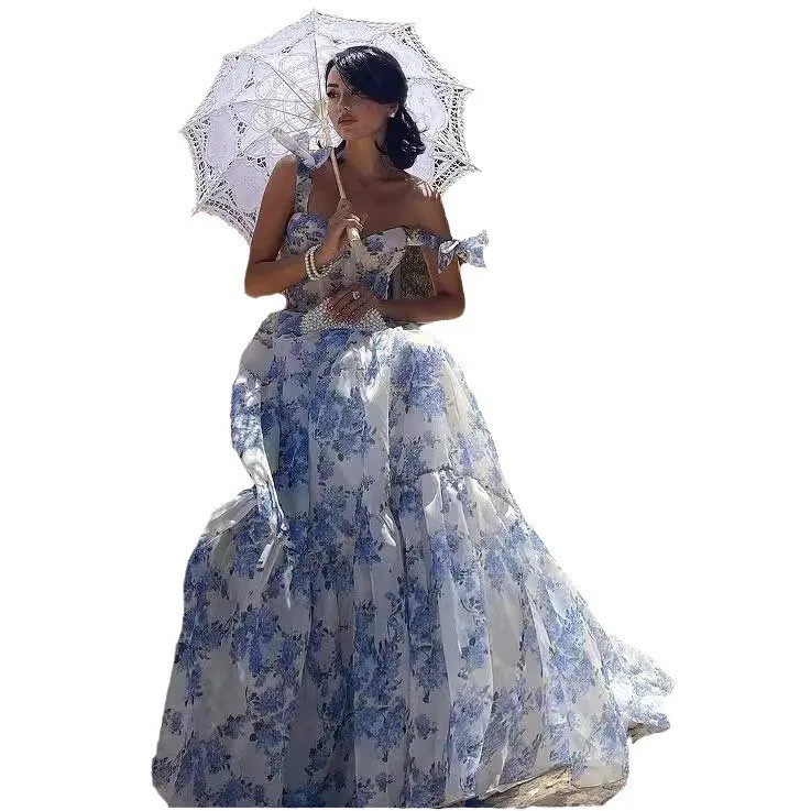 Printed 3D Gown Mid Waist Graceful Commuter with Collarless Strapless Sleeveless Princess Silhouette Spring Dress for Women