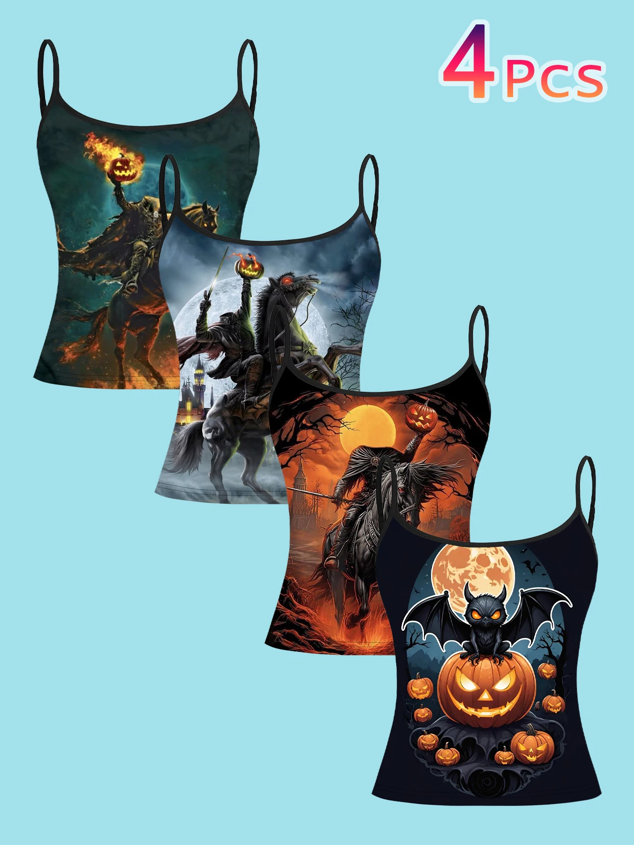 4-Piece Set of Headless Knight Halloween Women's Camisoles, Full Moon Castle Pumpkin Bat Dark Gothic Print Slim-Fit Spaghetti Strap Short Camisole Tops