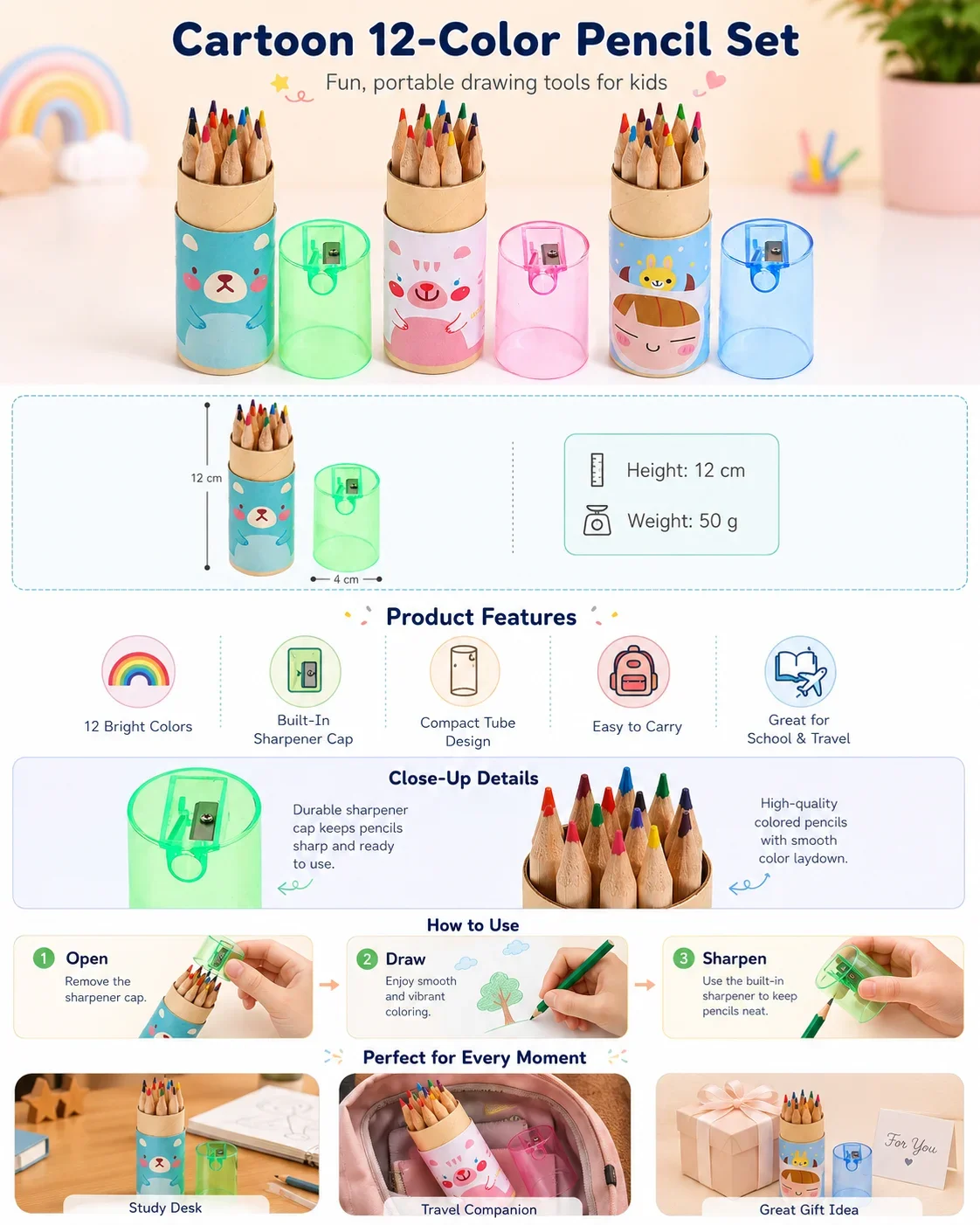 Cute Mini Colored Pencils 12PCS Short Drawing Pens Painting Set for Kids Art Class