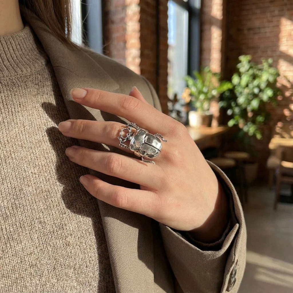 Personality Insect Metal Ring for Women Men Exaggerated Big Animal Beetle Cicada Finger Ring Punk Hip-hop Daily Jewelry