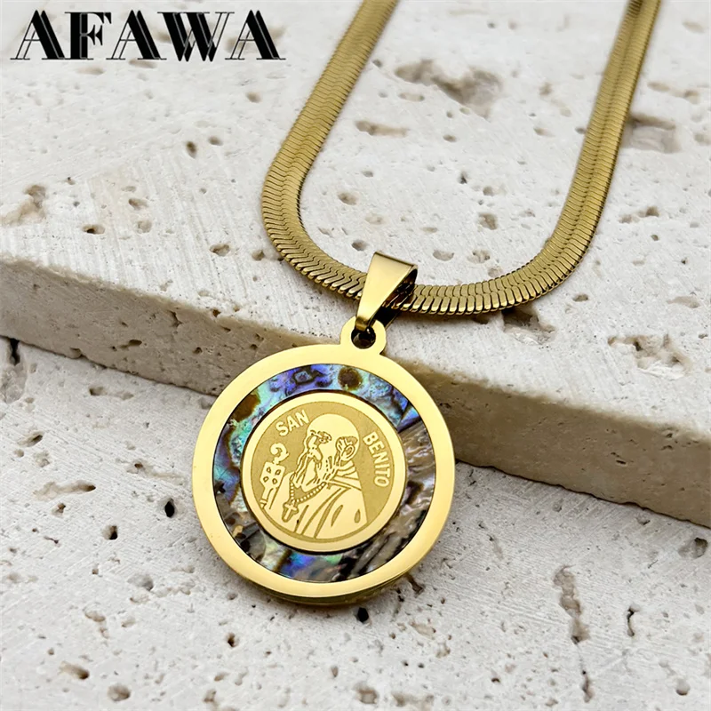 Catholic Saint Benedict Medal Pendant Necklace for Women Men Abalone Stainless Steel Gold Color San Benito Chain Jewelry