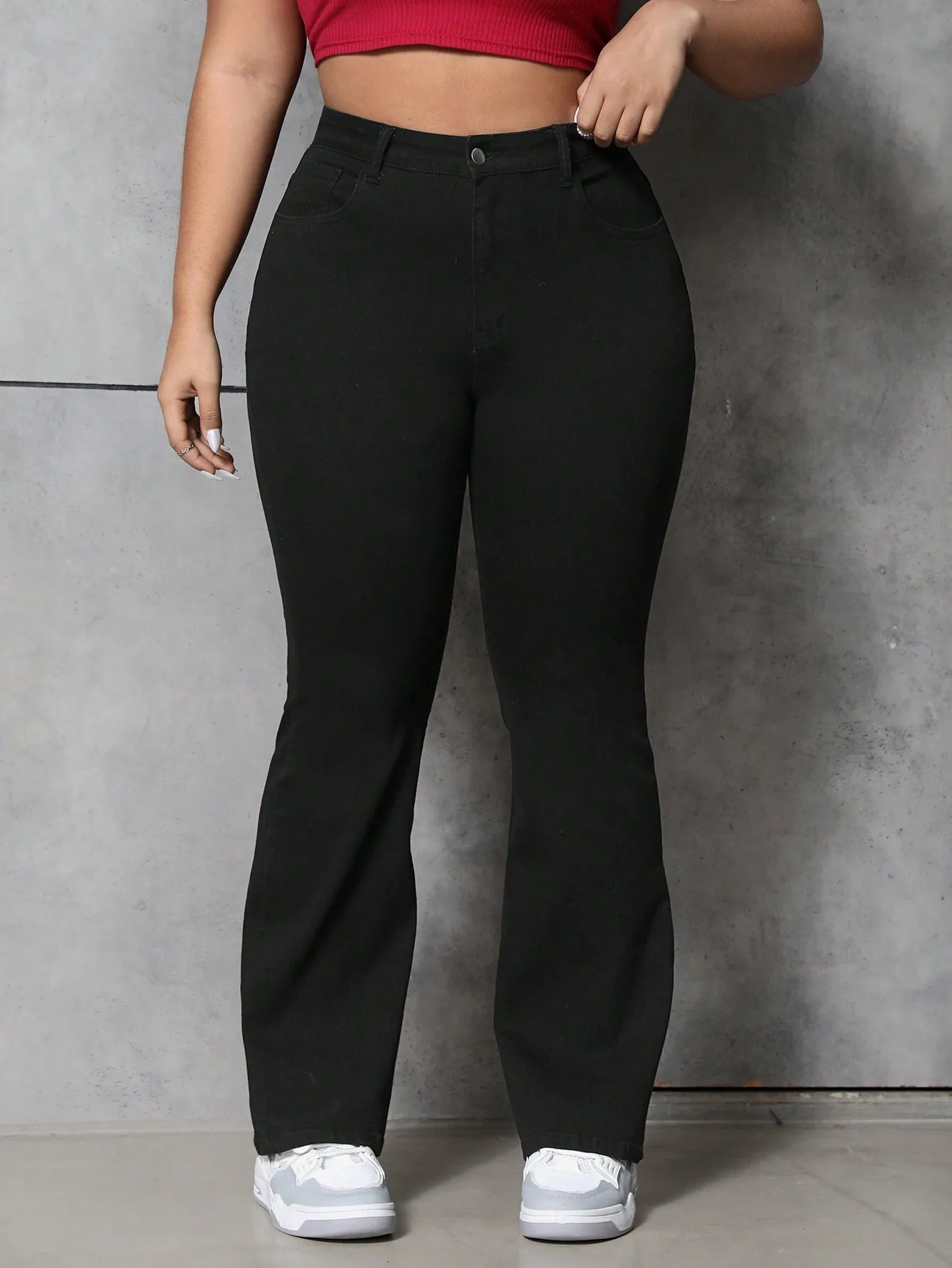 

Джинсы-клеш с высокой талией для женщин больших размеров, черные джинсовые брюки с эластичной тканью
