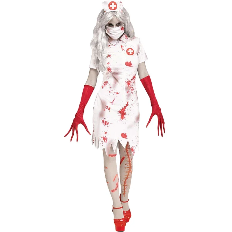 

Halloween Cosplay White Creepy Nurse Zombie Blood Costume
