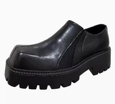 Bottes de rinçage basses en cuir fendu noir pour hommes, chaussures derby à enfiler, plateforme à semelle optique Parker, grand carré, rétro, recommande d'augmenter