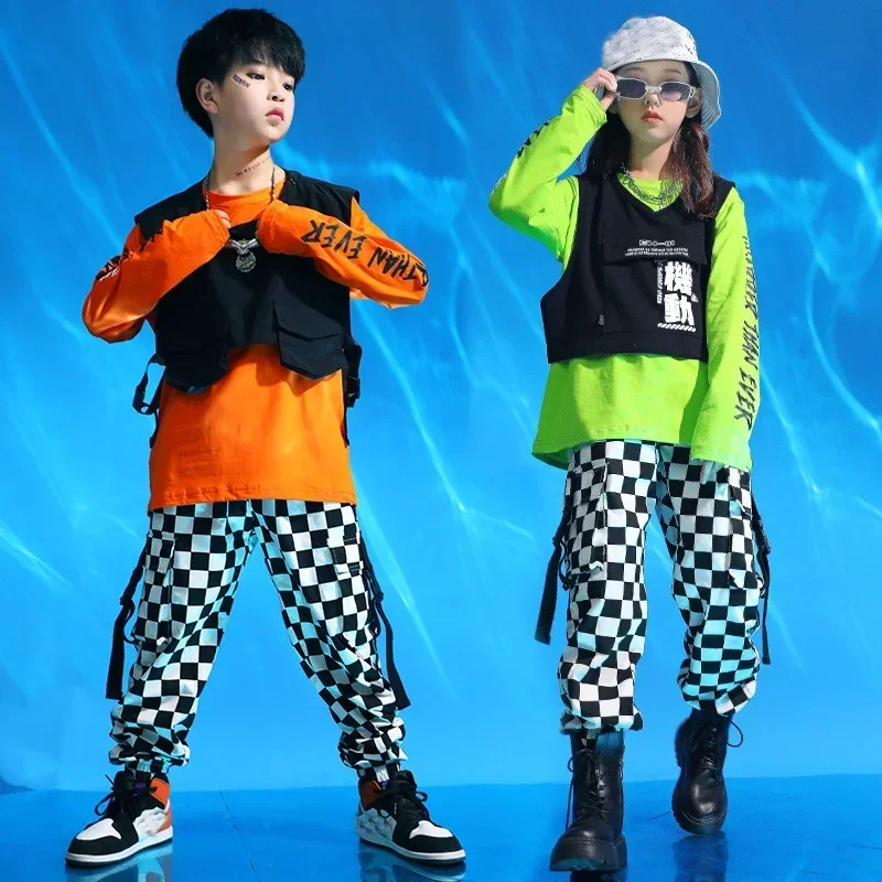 Hiphop overalls tij pak jazz hiphop dansen outfit groen oranje top vest geruite broek kostuums voor kinderen jongens meisjes