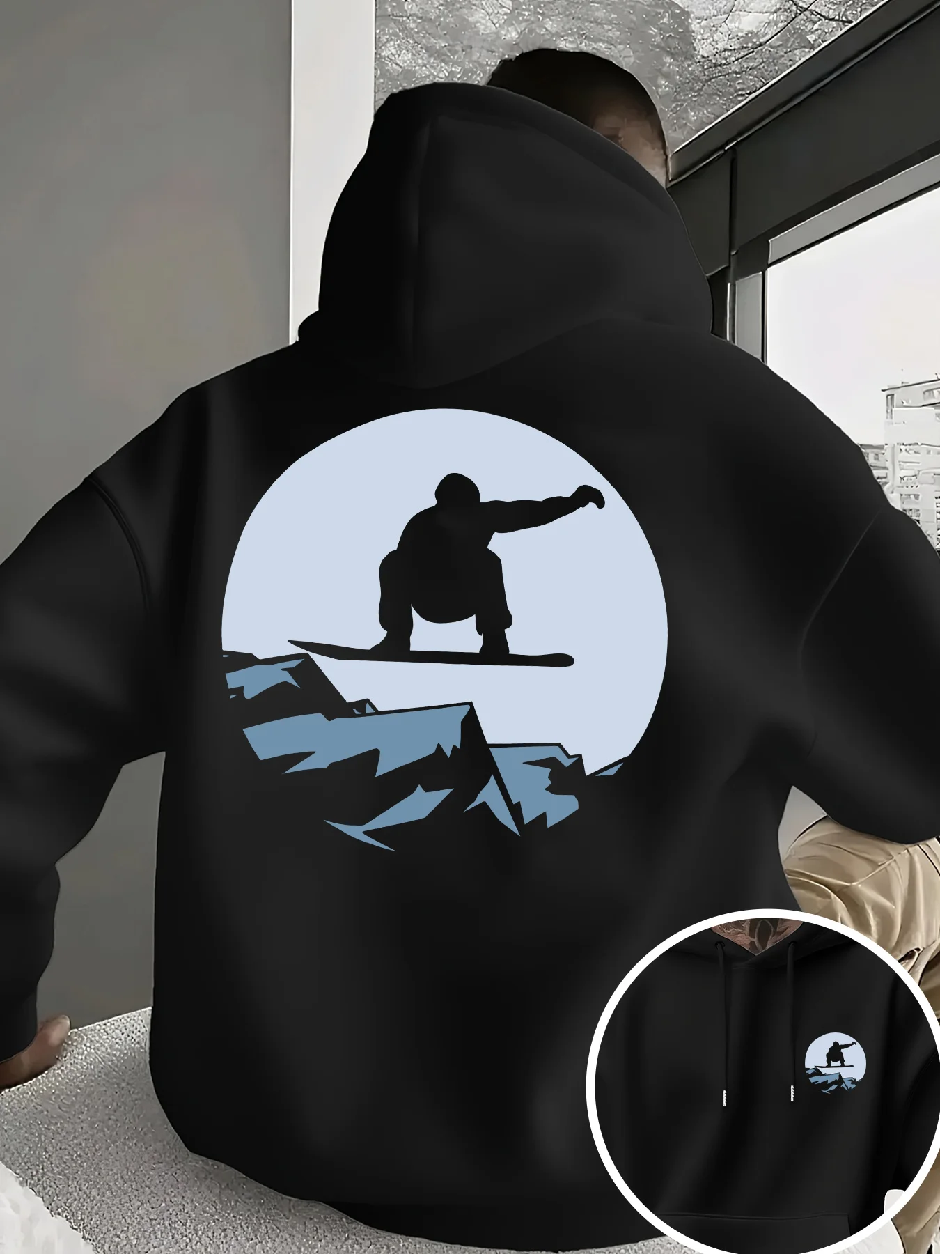 Winter ski resort men's pullover hooded sweater with extreme skiing pattern print, casual and loose-fitting warm hooded sweater