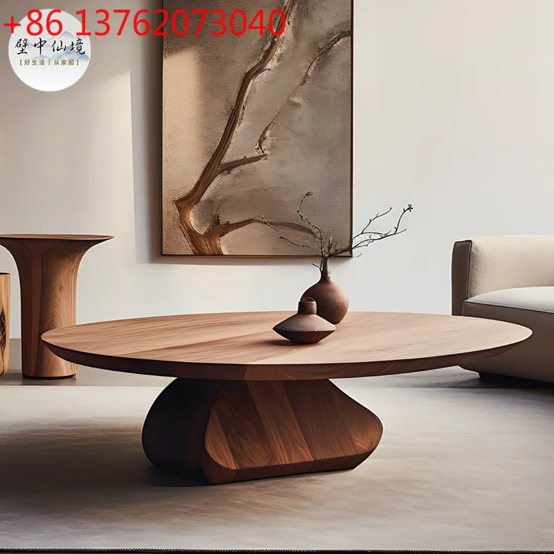 Wabi-sabi style coffee table The design of the medieval walnut round coffee table is simple Italian