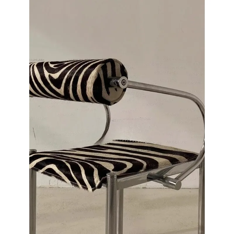 *Mid-Century Bauhaus Dining Chair Stainless Steel Frame with Zebra Pattern Upholstery Retro Lounge Armchair view 4