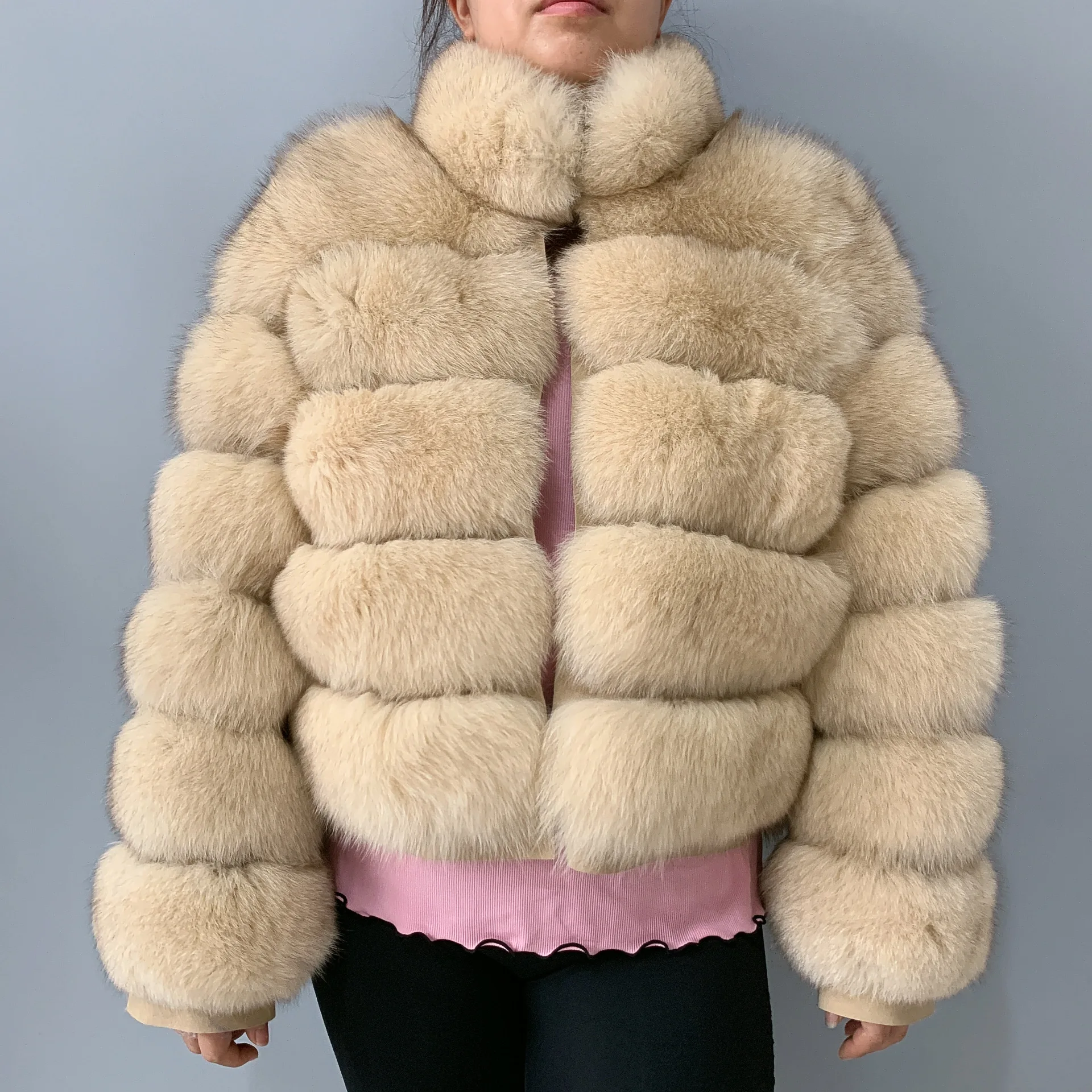 Real Fox Fur Coat for Women, Stand Collar Design, Long Sleeve, Natural Fur Jacket, 100% Real Fox Fur, Fluffy, Winter, New, 2023