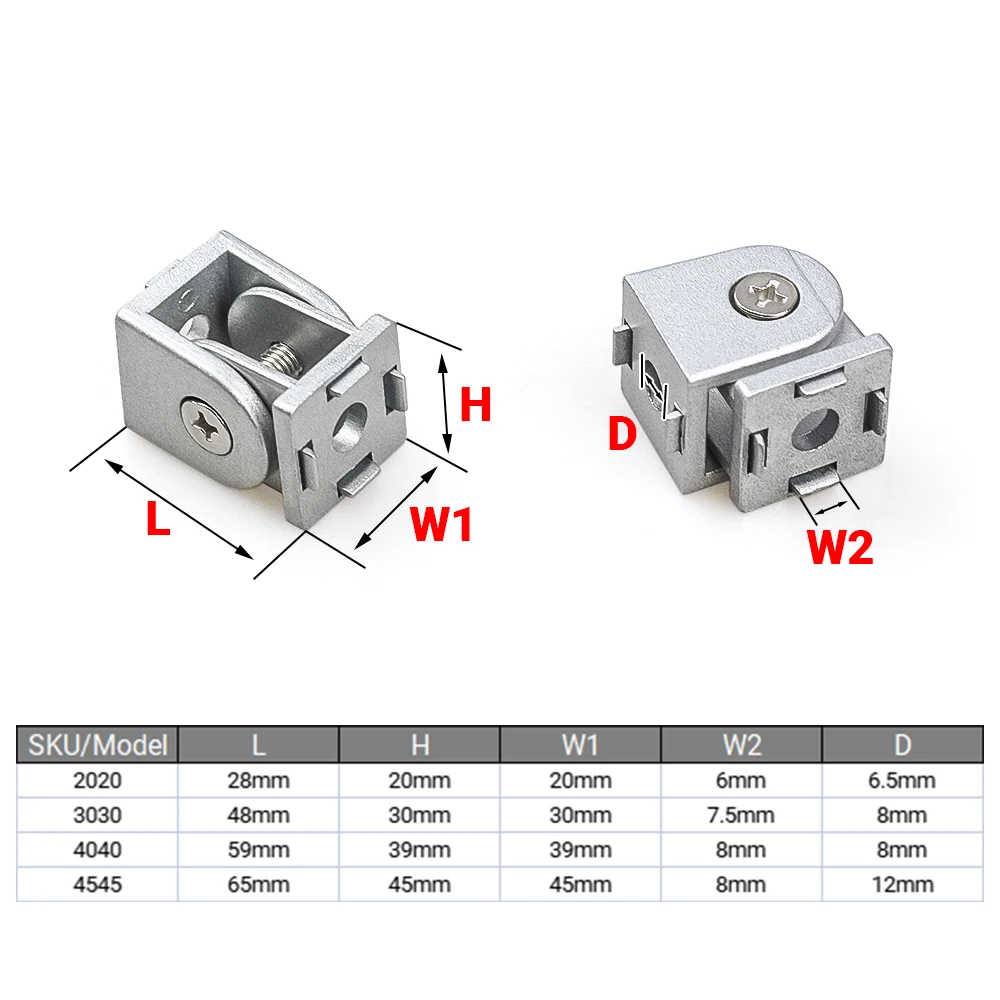 2020 3030 4040 4545 Flexible Hinge Pivot Joint Aluminum Fittings Right Angle Connector for Aluminum Profile