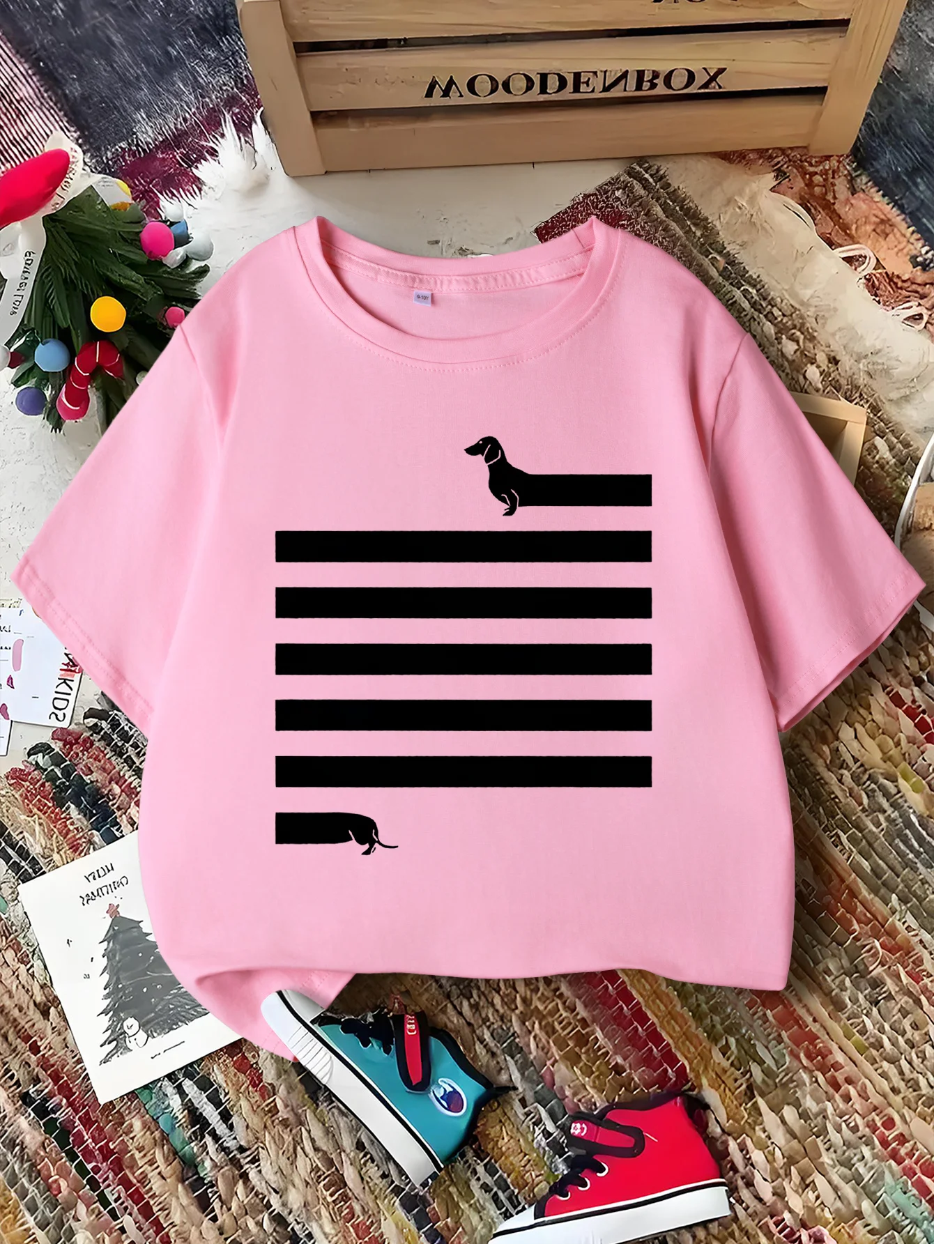 Dachshund Stripe Minimalist Print Kid Tee Boys Girls Family Matching Short Sleeve Soft Breathable Daily Parent Child Comfort Top