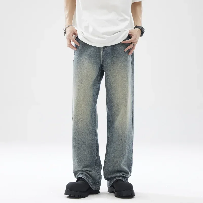 

Американские повседневные джинсы в стиле ретро Ice-blue для мужчин, винтажные прямые джинсы, для похудения, модный бренд, брюки свободного кроя S-XXXL