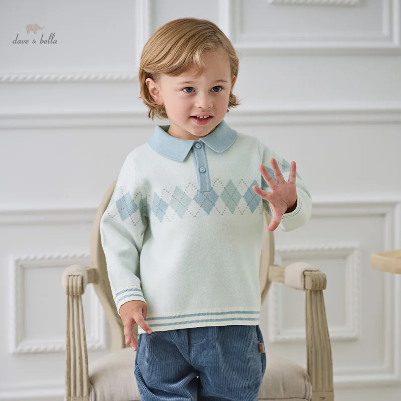 Dave Bella Autumn Winter Children Boys Polo Shirts Light Blue Thickened Kid Baby Boys Pullover Little Boys Sweater DB3241877