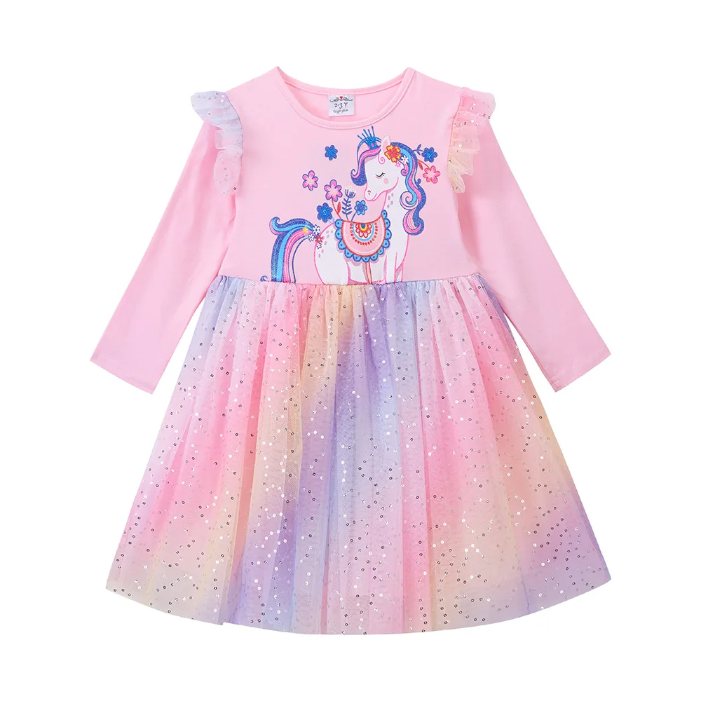 VIKITA Girls Tutu Dress Kids Unicorn Print Cartoon Dresses with Irregular Skirt Girls Birthday Party Prom Gown Long Sleeve Dress