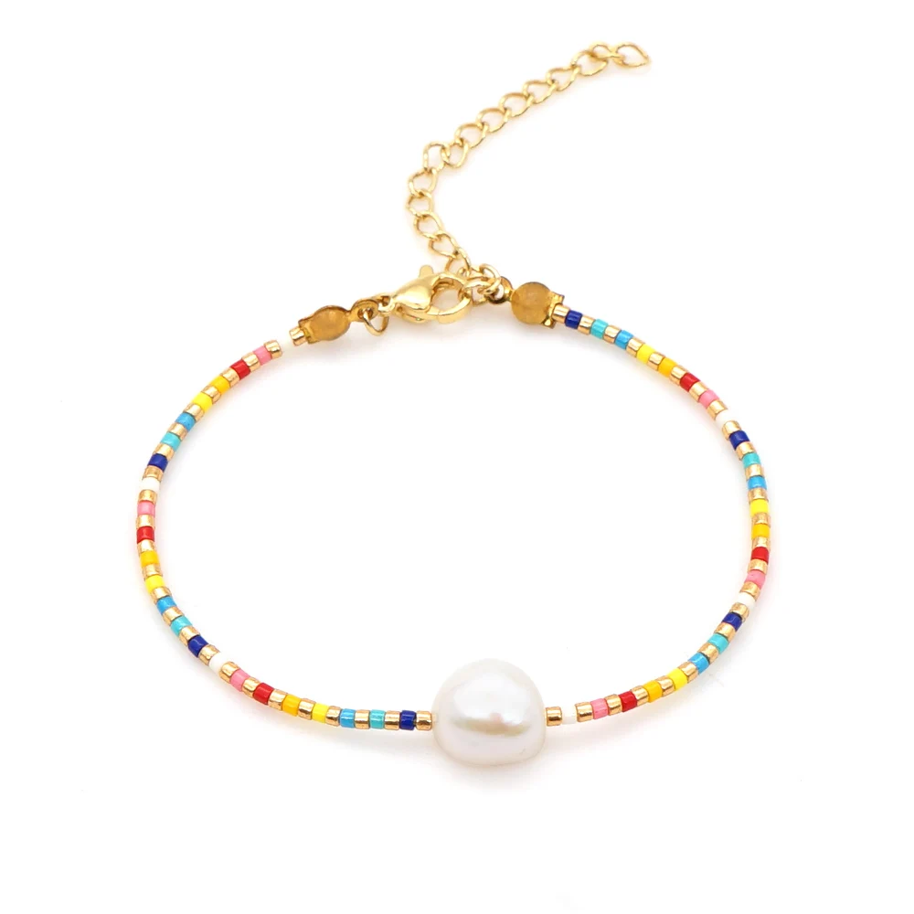 Go2Boho Hecho a Mano Pulsera Perla y Las Cuentas Blanca y Oro Joya Mujer Pulseras de Cuerda Fina Ajustable