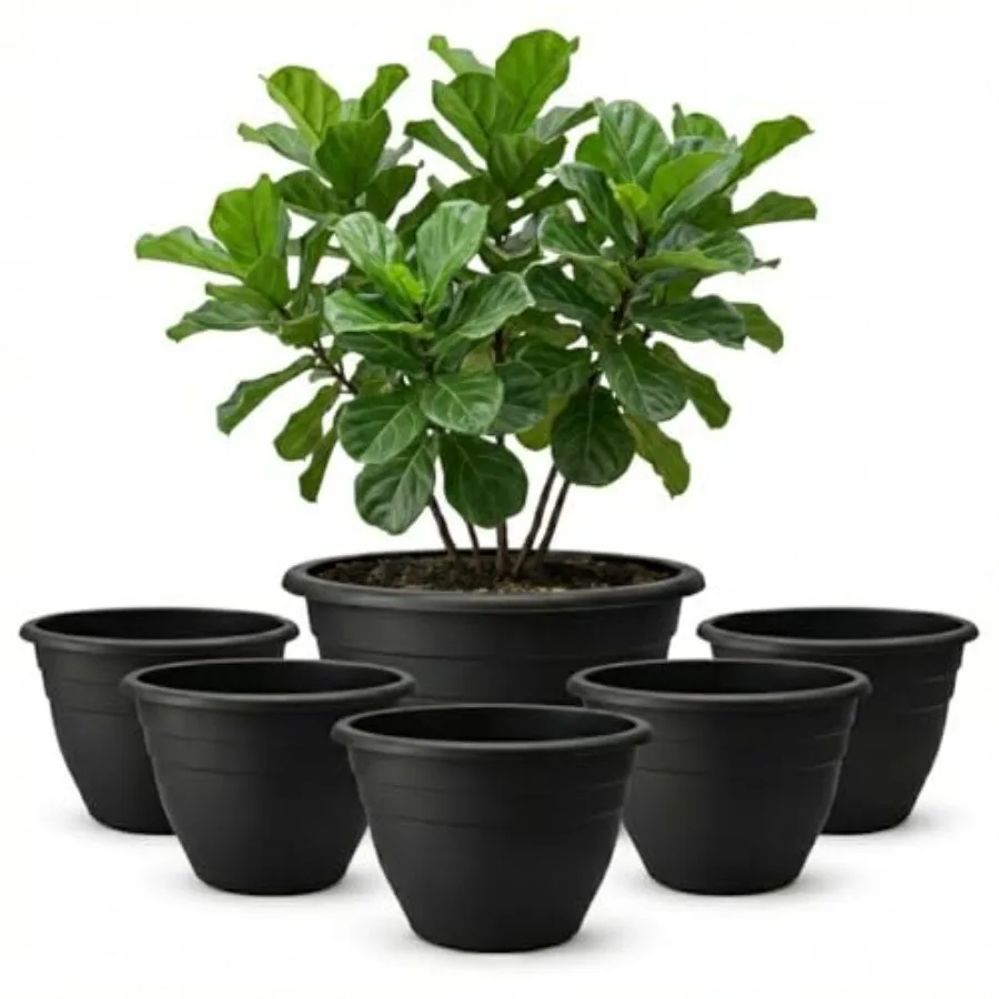 6 Pack 20 Inch Outdoor Plant Pots, Heavy Duty Plastic, Black, Lightweight with Drainage Holes for Patio, Garden Trees