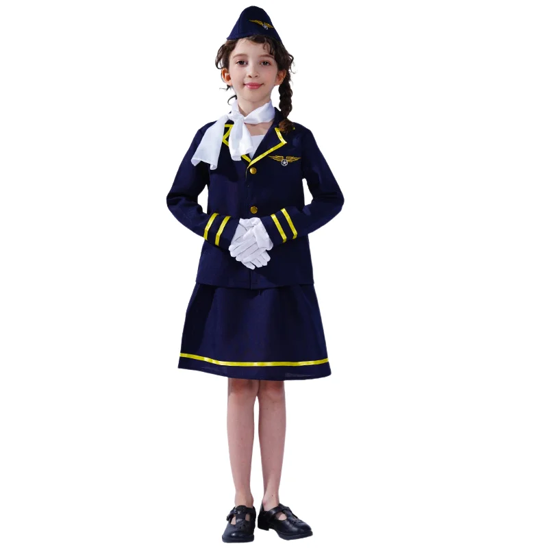 

Halloween Children Steward Cosplay Costume Holiday Party Funny Dress Suit Girl Long Sleeve Blue Stage Performance Clothes