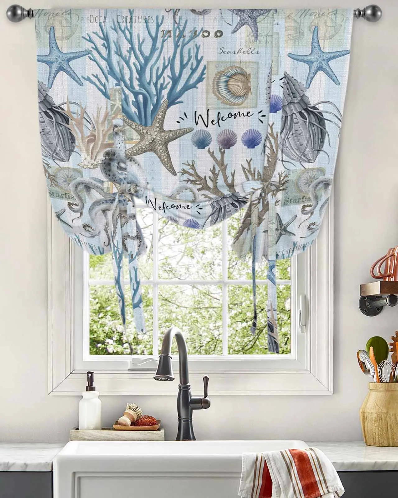 Marine Organisms Starfish Octopus Coral Shells Window Curtain for Living Room Home Blinds Drapes Kitchen Tie-up Short Curtains