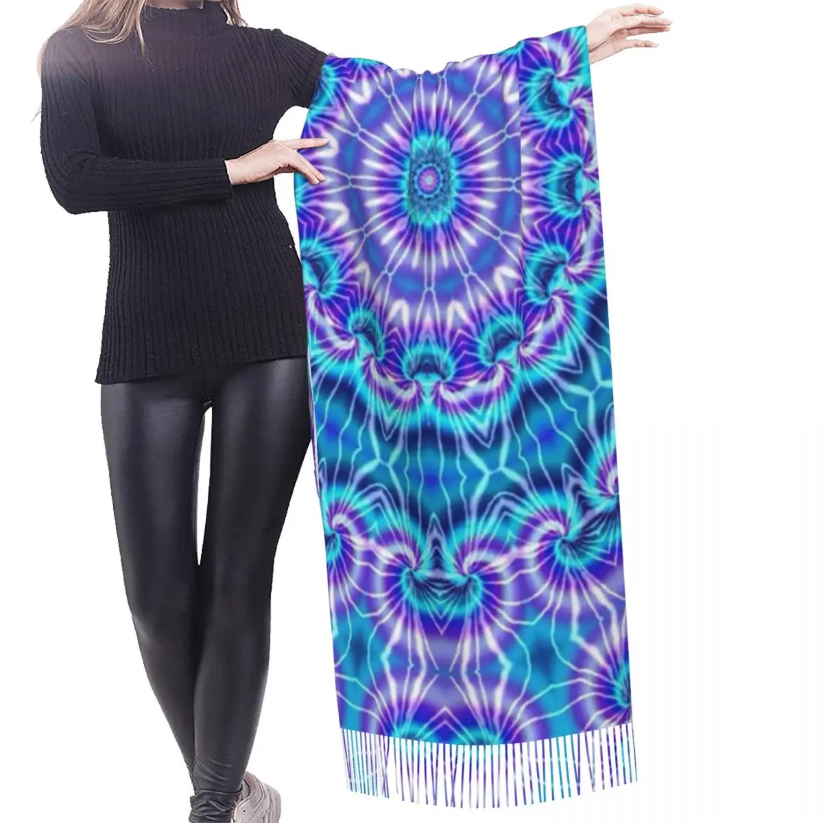 Custom Purple Circle Tie Dye Scarf Wrap for Women Long Winter Fall Warm Tassel Shawl Unisex Traditional Dyeing Art Scarves