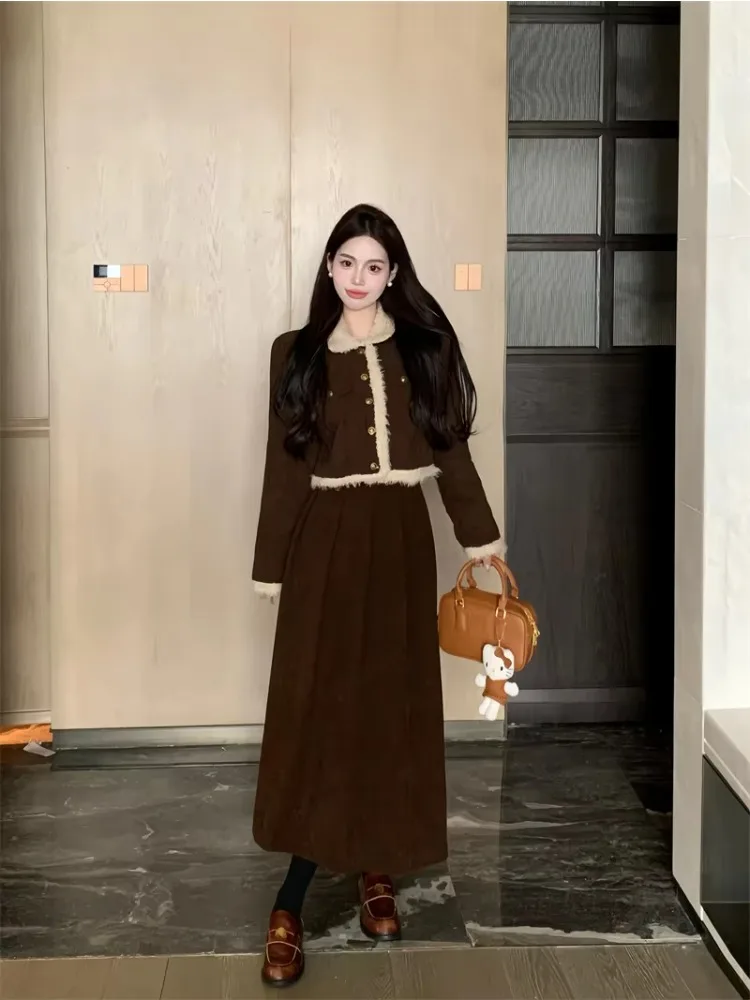 Corduroy Two-Piece Set for Women'S Winter Vintage Lapel Lamb Wool Patchwork Thick Short Jacket + High Waisted Slim Pleated Skirt