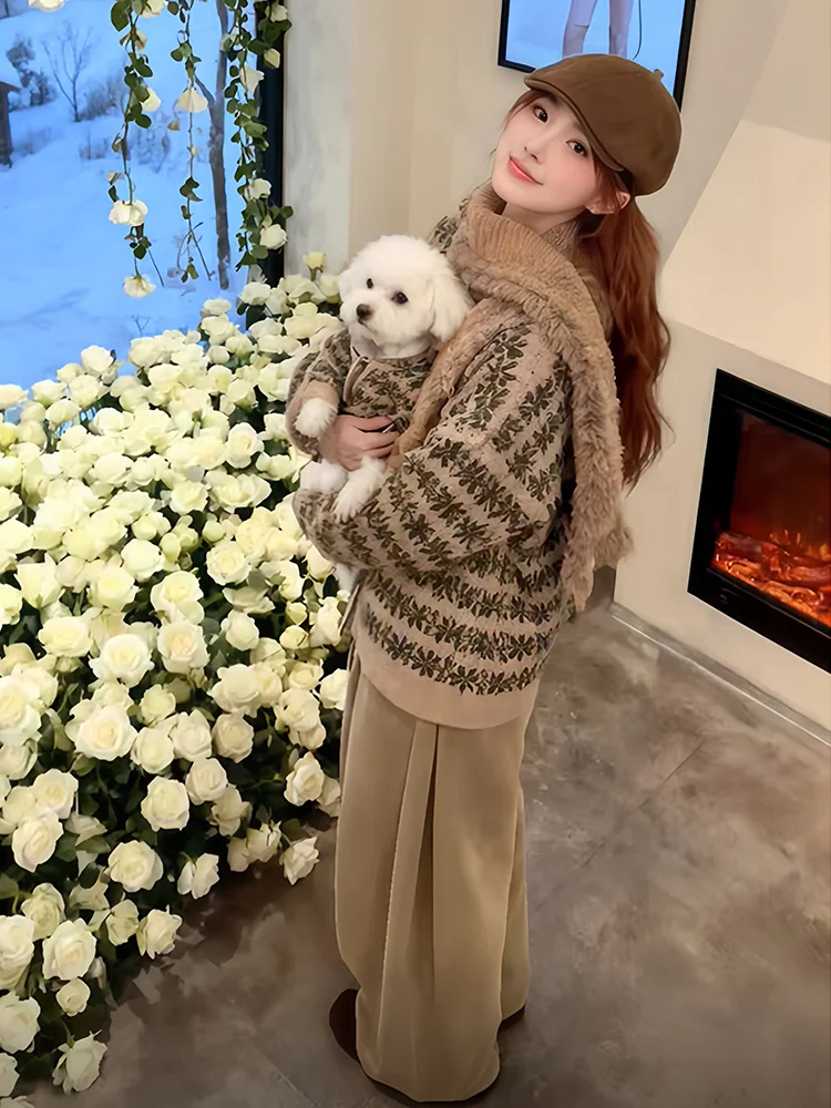 

Slimming Cotton Jaet Outerwear Knitted Loose Warm Tee-piece Set Faionable Winter Clothes Casual Sle High Waist Pants