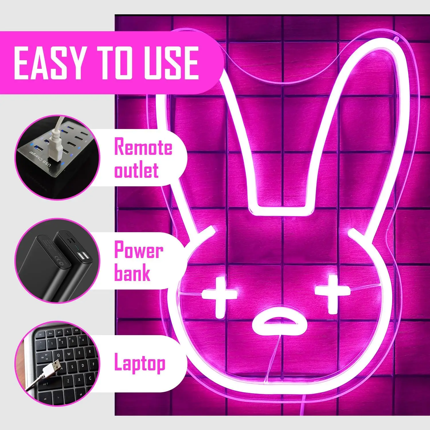 Bad Cute Bunny Neon Sign Funny Rabbit LED Light Wall Decor Merch Game Room Birthday Kid Gift Hip Hop Music Lover Bar Club Animal
