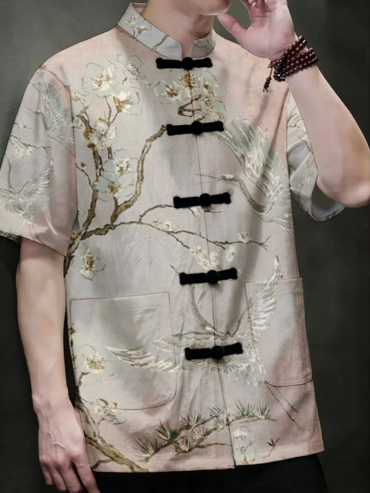 New Chinese Style Men's Shirts Traditional Crane Plum Flower Art Print Short‑Sleeve Tang Suits Mandarin Collar Frog Buttons Tops