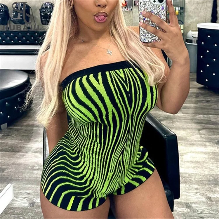 Women Knitted Green Striped Print Sleeveless Tube Jumpsuits Bodycon Sexy Romper Shorts Playsuit Y2K Womens Clothing