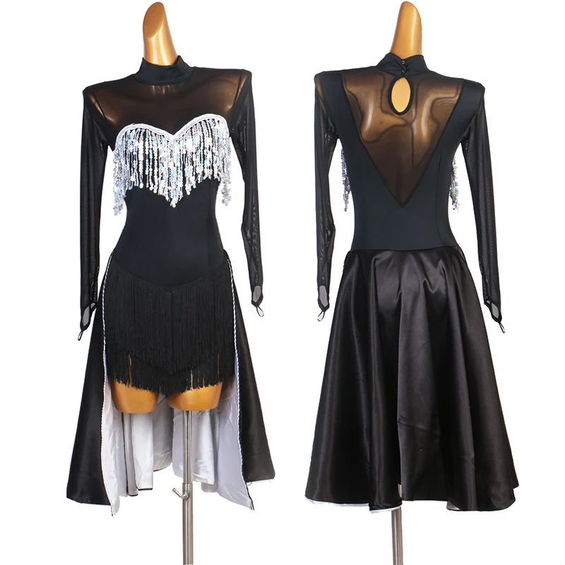 여성용 블랙 라틴 댄스 프린지 드레스 긴 소매 퍼포먼스 복장 탱고 룸바 차차 무대 착용 연습 의류 VDL4264