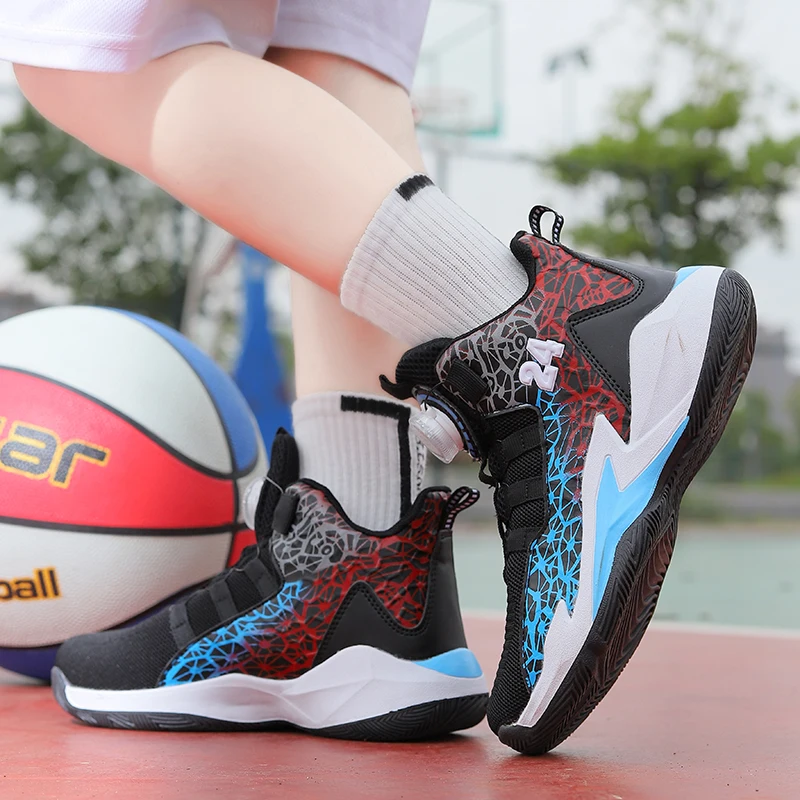 Kids Basketball Shoes Swivel Buckle Design Children Sports Shoes Non-slip Rubber Sole Boys Sneakers Outdoor Girls Casual Sneaker