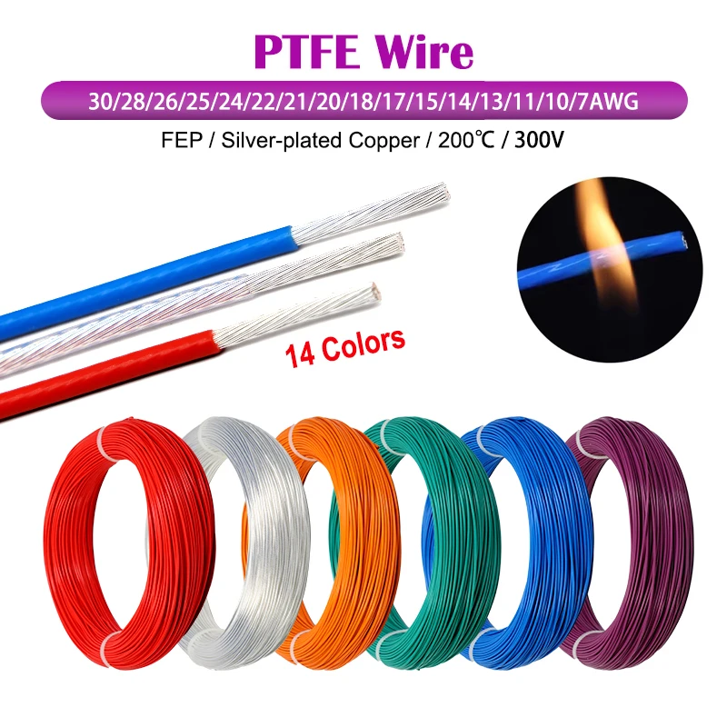 

1M Silver Plated PTFE Wire FEP Insulated 30/28/26/25/24/22/21/20/18/17/15~7AWG DIY High Purity OFC Copper Cable For 3D Printer