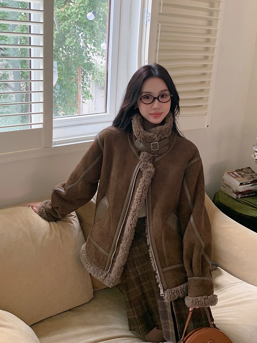 

Женская зимняя куртка-косуха из овечьей шерсти и кожи, новая модель, теплая и удобная, на молнии, без капюшона, свободный крой