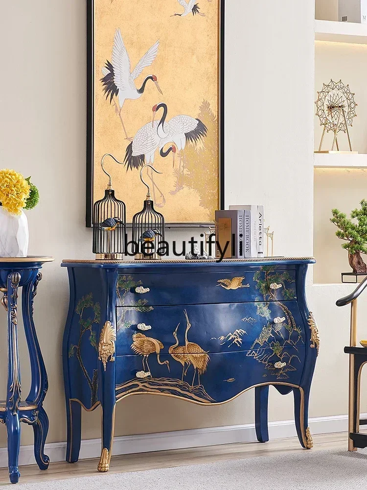 LXCSolid wood painted crane royal blue luxury entrance cabinet new Chinese corridor aisle decorative cabinetSSS