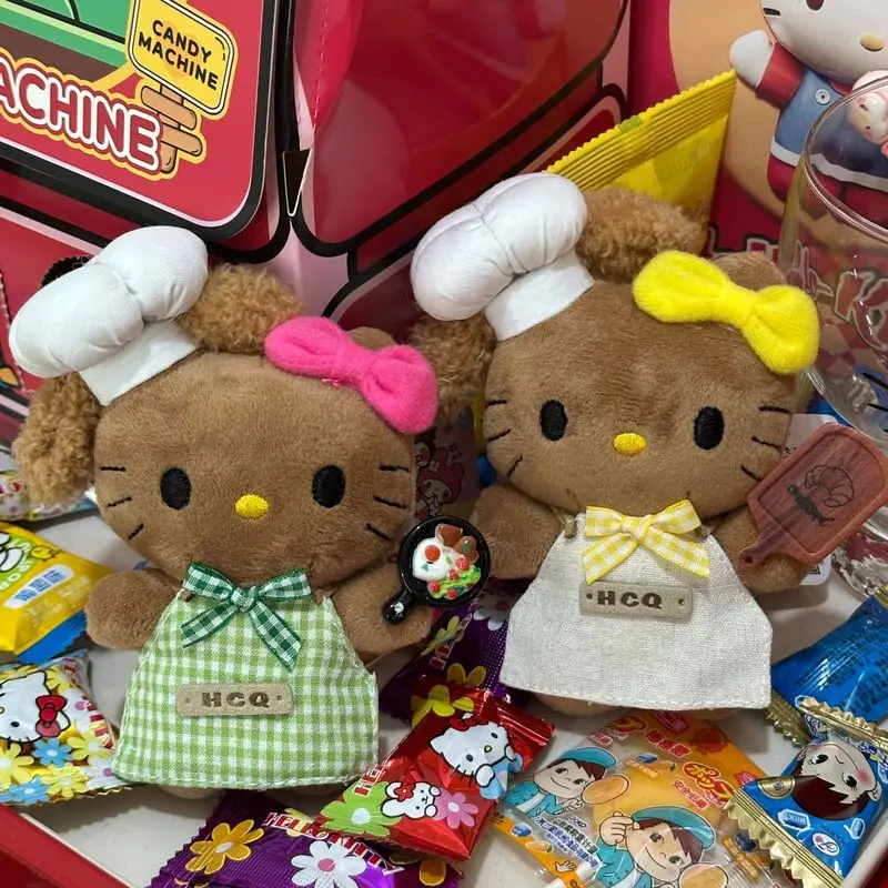 

Limited Edition Hawaii Chef Black Leather Hello Kitty Plush Toy Bag Pendant Doll Changeable Costume School Bag Decorations