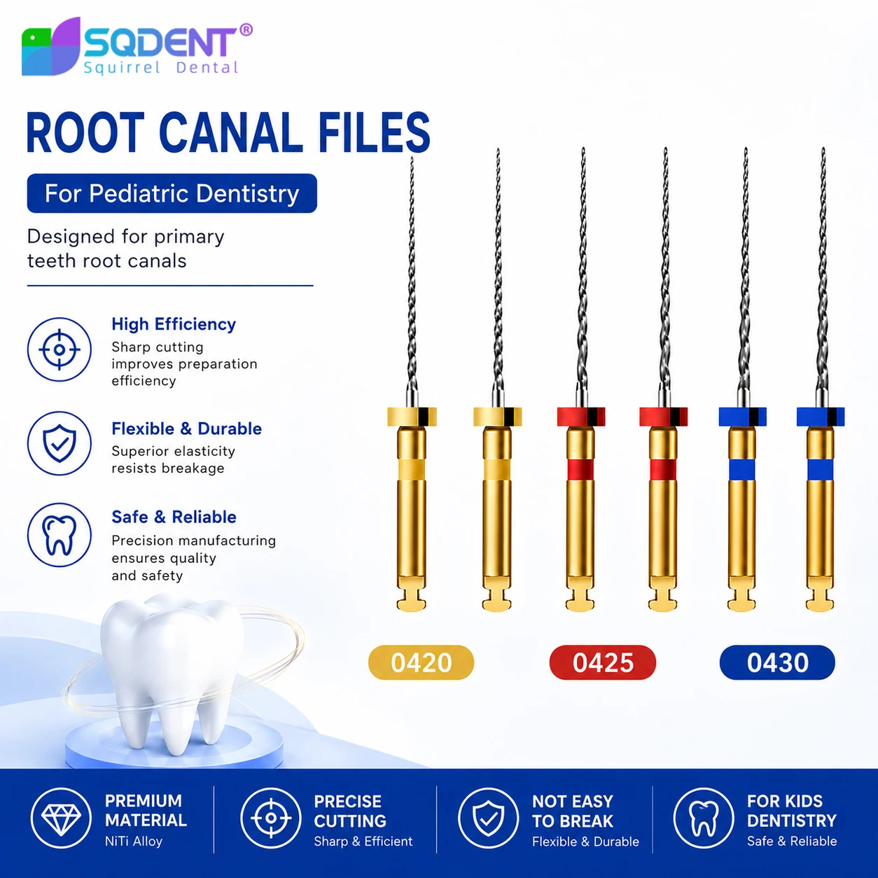 Pediatric NiTi Rotary Root Canal Files Endodontic Files for Primary Teeth Kids Dental Endo File 4% Taper 20 25 30 0420 0425 0430