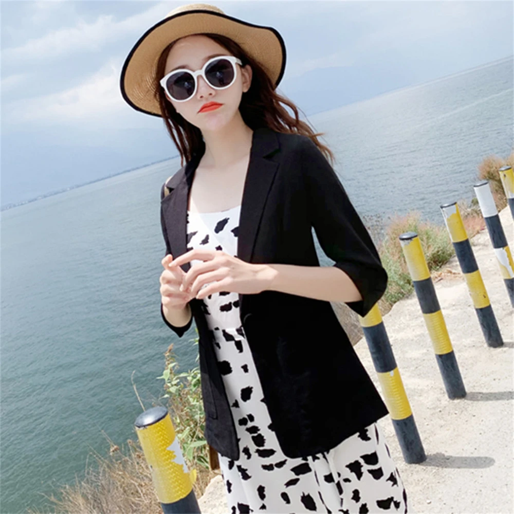 Cotton Linen Blazers Women Summer Thin Korean Casual Slim Three Quarter Sleeve Suit Coat Elegant Simple Ladies All-match Outwear