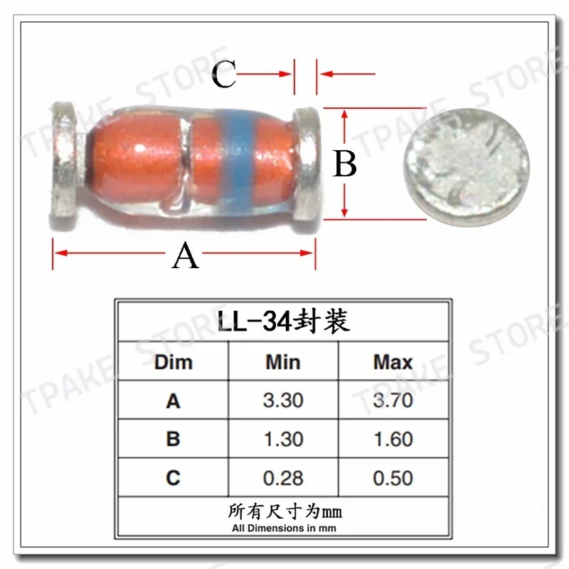 Zener Diodes LL34 SOD-80 2V2 2.7/3.3/3.6/3.9/4.3/4.7/5.1/5.6/6.2/6.8/7.5/8.2/9.1/10/11/12/13/15/16/20/22/24/27/30/36V 1206