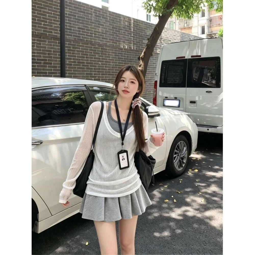 

Fashionable Thin Cover up Top High Waist Safety Skirt Three Piece Set Women's Summer Outfit Inner Wear Tank Top And Vest