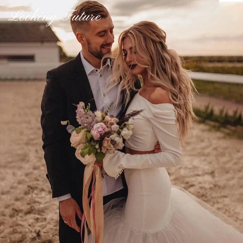 Vestido de Novia sencillo de tul blanco de sirena, traje de 2 piezas de la paz, sin tirantes, satén 2024, liso, tren de barrido