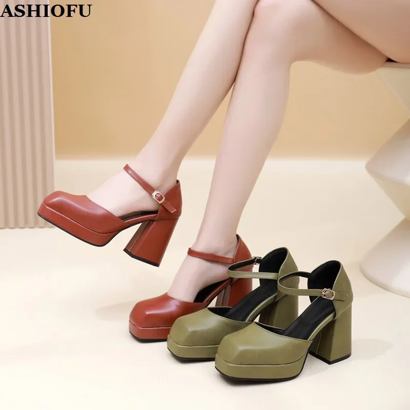 ASHIOFU New Handmade Style Women's Chunky Heels Pumps D'orsay Large Size 34-47 Party Dress Shoes Evening Fashion Hot Sale Shoes