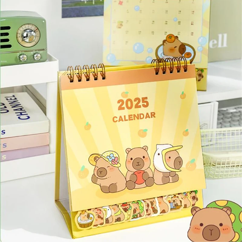 Kalender meja kecil portabel, sederhana Mini kartun Panda pola Capybara 2025 koil kalender harian perencana Desktop