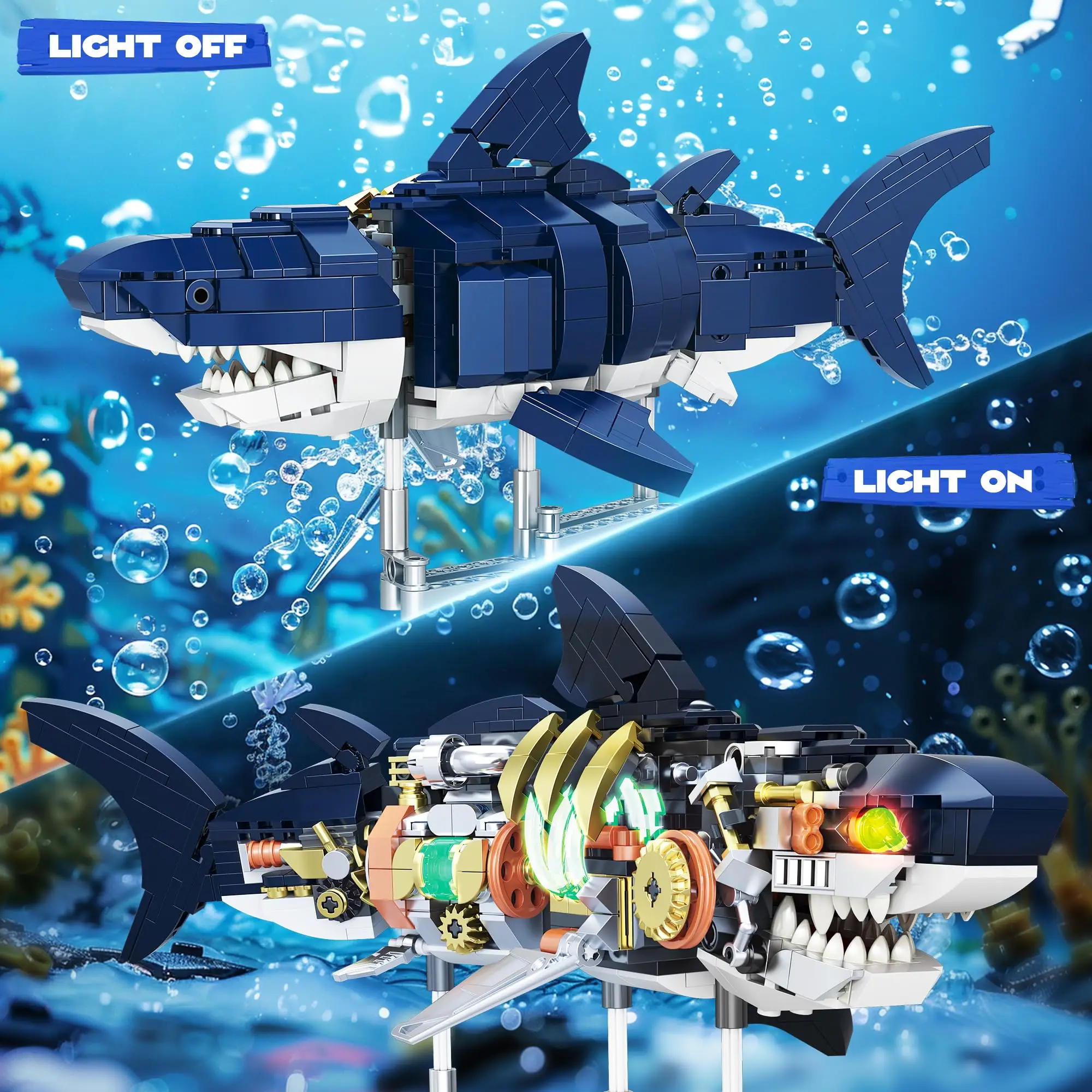 666pcs MOC Technical Mechanical Shark Sea Animal Set con espositore leggero Building Blocks mattoni Model Assembly STEM Toys