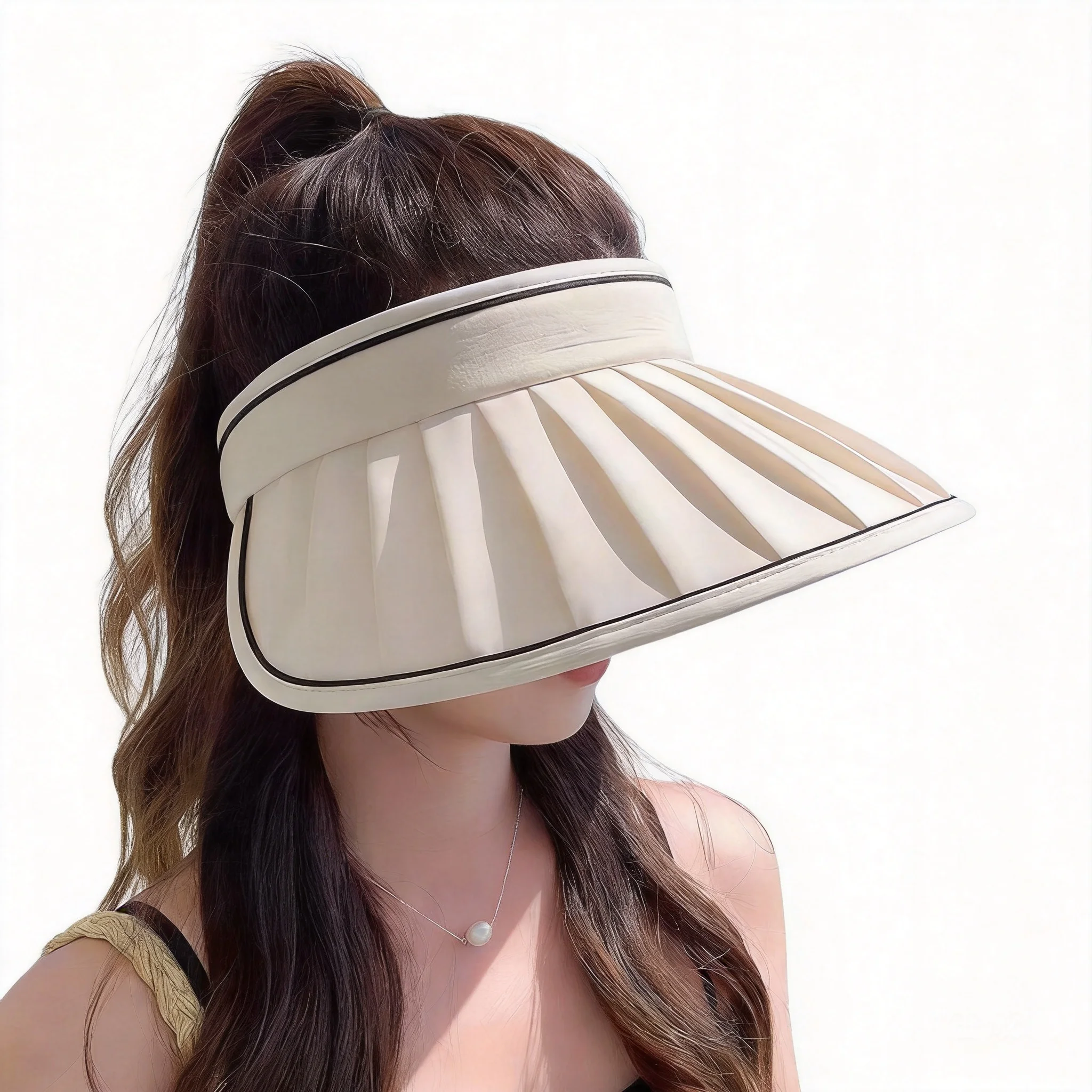 Women 100 Cotton Wide Brim Pleated Shell Empty Top Uv Protection Sun Visor Hat Summer Outdoor Beach Sunscreen Cap Black Gray Pur