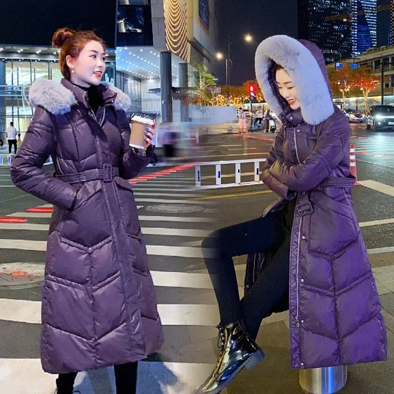 2023 New Coats Fashion Winter Down Cotton Jacket Womens Glossy Fur Collar Femme Thick Warm Long Hooded Puffer Parkas