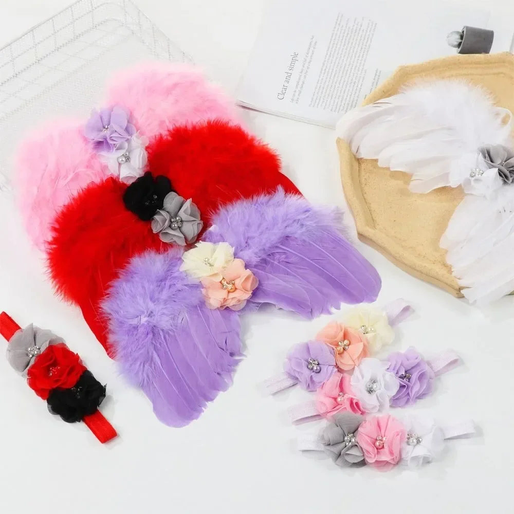 White/Pink Cute Newborn Feather Wings Roses Hair Accessories Newborn Photography Clothing Wings Flower