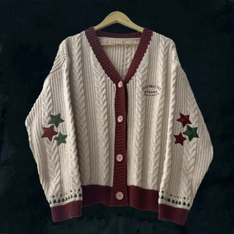 Christmas Tree Women Cardigan Autumn Winter Knitted Cardigans with Star Embroidery Holiday Sweater Folklore Tops Christmas Gift