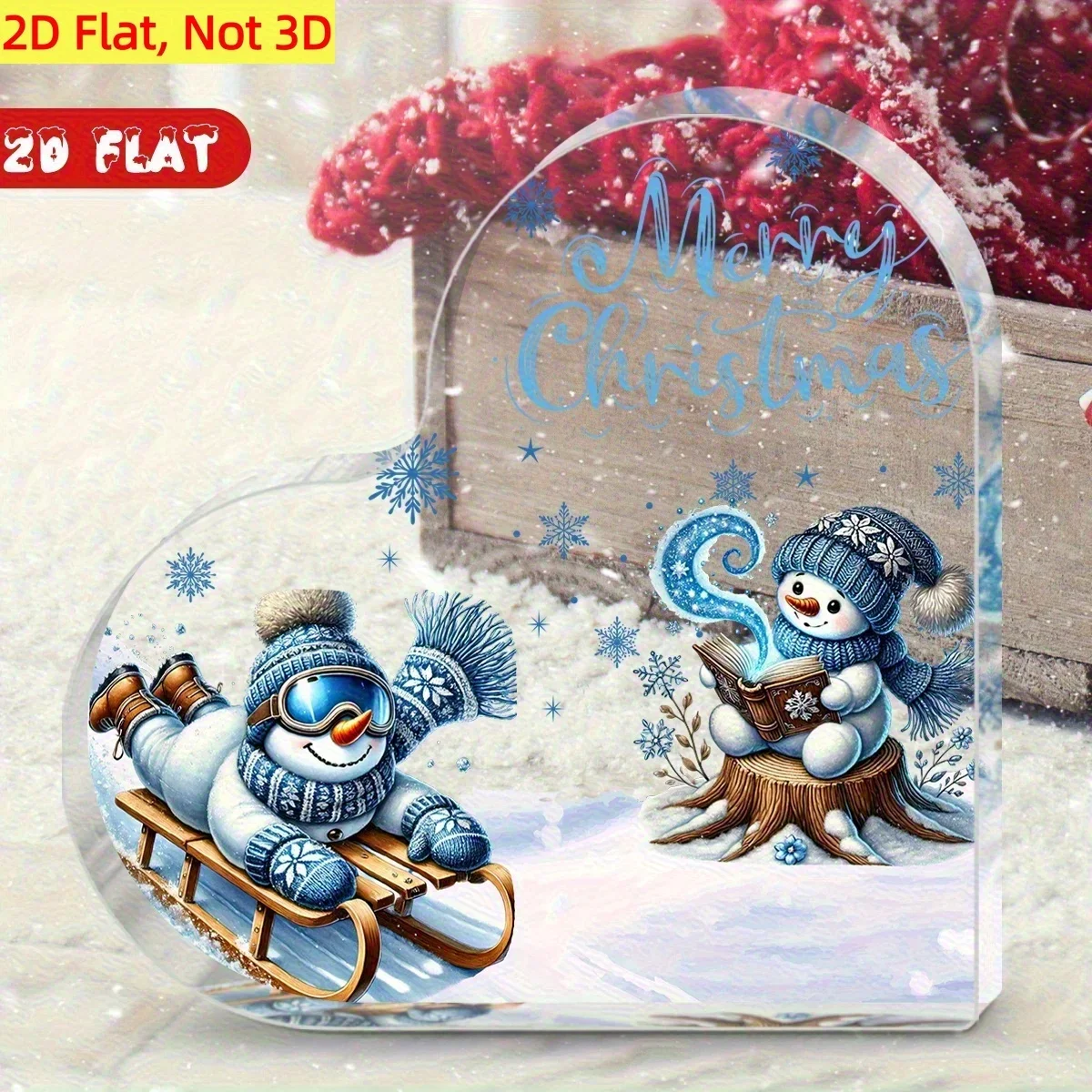 Merry Christmas Heart‑Shaped Acrylic Plaque, Two Cute Snowmen Sledding Table Decor